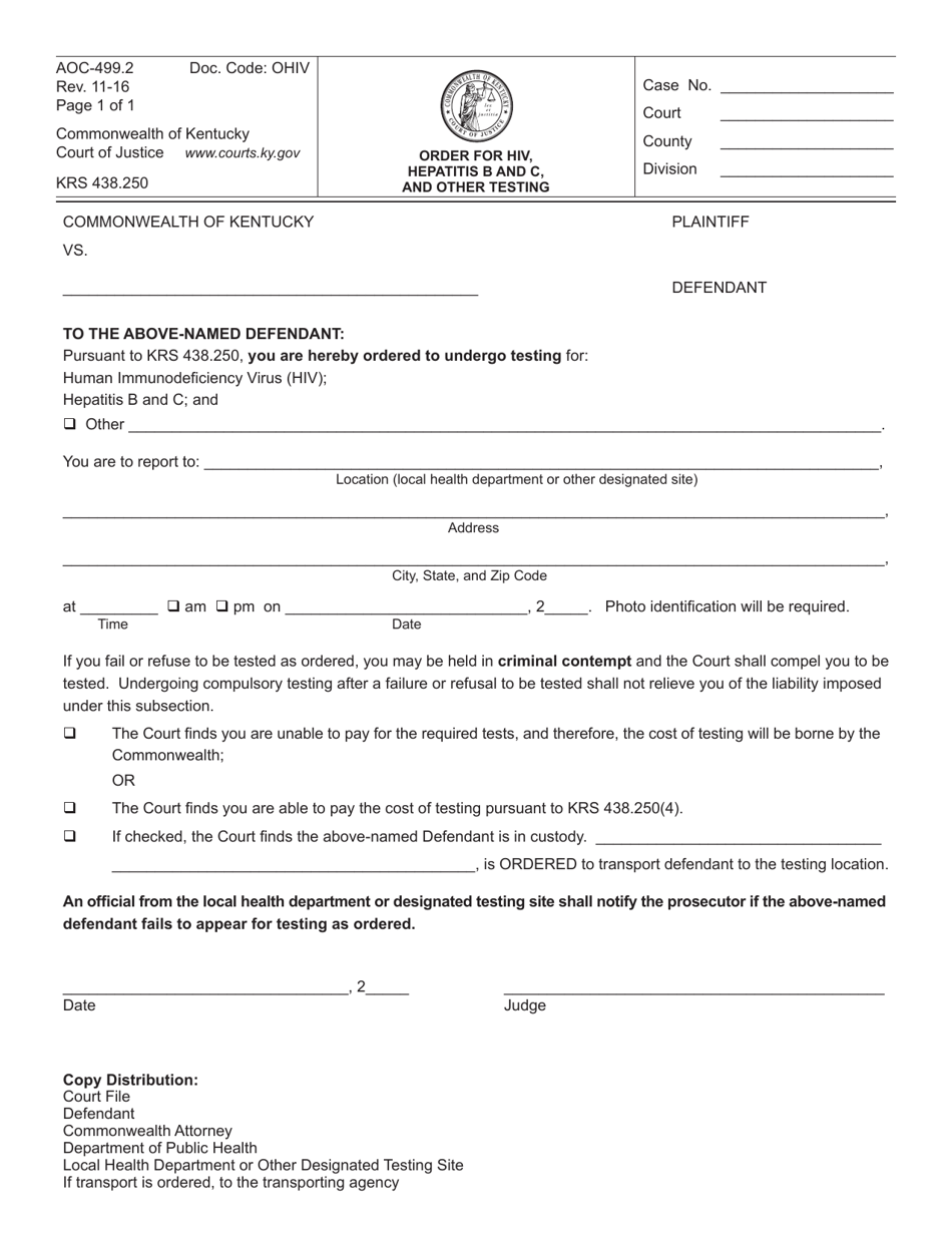 Form AOC-499.2 Order for HIV, Hepatitis B and C, and Other Testing - Kentucky, Page 1