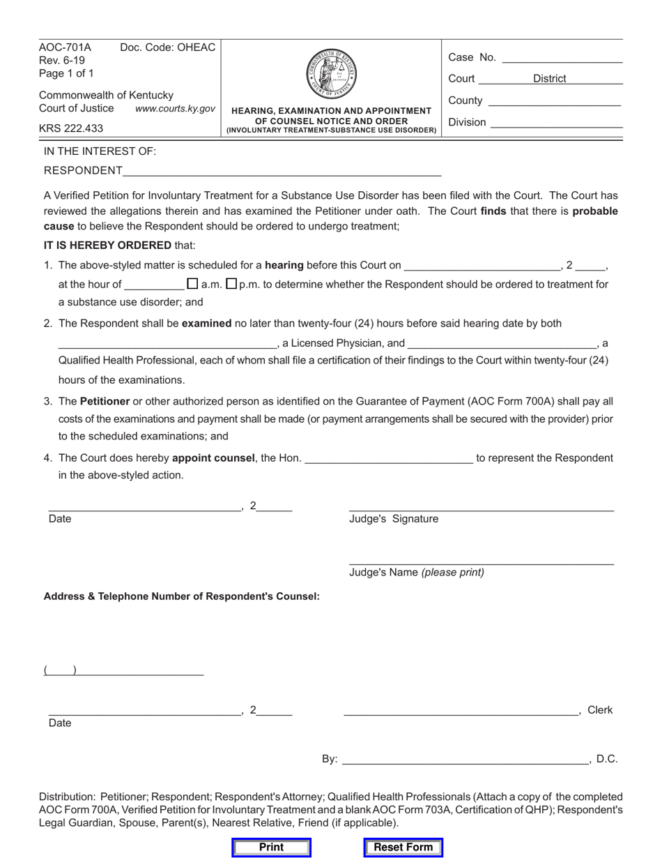 Form AOC-701A Hearing, Examination and Appointment of Counsel Notice and Order (Involuntary Treatment-Alcohol/Drug Abuse) - Kentucky, Page 1
