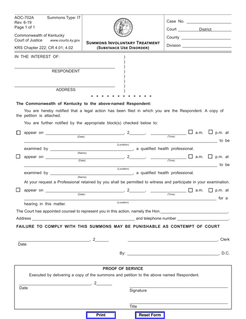 Form AOC-702A  Printable Pdf