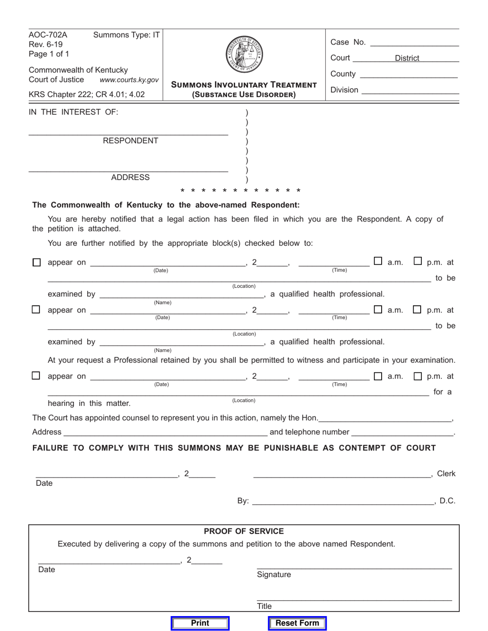 Form AOC-702A Summons Involuntary Treatment (Substance Use Disorder) - Kentucky, Page 1