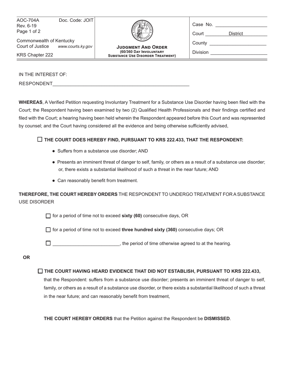 Form AOC-704A Judgment and Order (60 / 360 Day Involuntary Substance Use Disorder Treatment) - Kentucky, Page 1