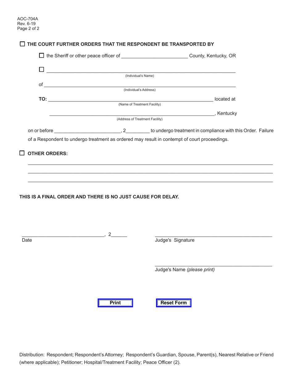 Form AOC-704A Judgment and Order (60 / 360 Day Involuntary Substance Use Disorder Treatment) - Kentucky, Page 2