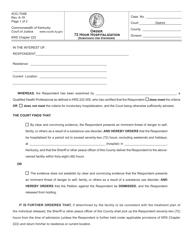 Document preview: Form AOC-704B Order 72 Hour Hospitalization (Substance Use Disorder) - Kentucky