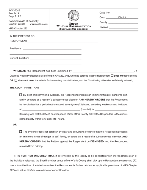 Form AOC-704B Order 72 Hour Hospitalization (Substance Use Disorder) - Kentucky