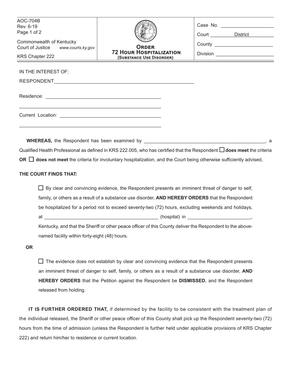 Form AOC-704B Order 72 Hour Hospitalization (Substance Use Disorder) - Kentucky, Page 1
