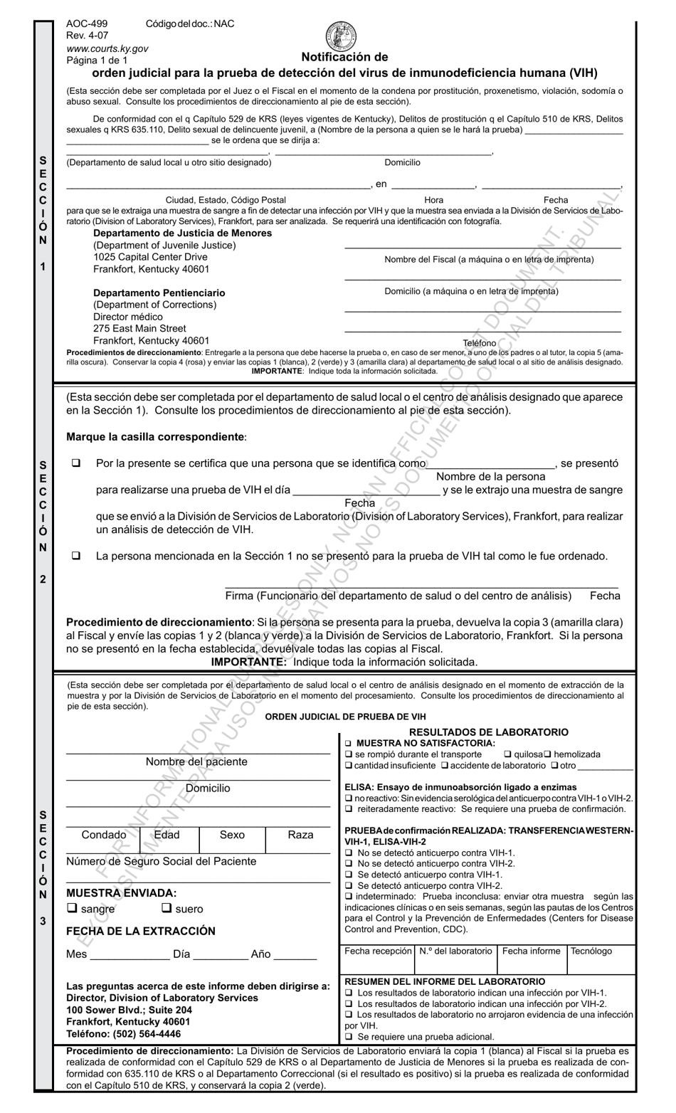 Formulario AOC-499 Notificacion De Orden Judicial Para La Prueba De Deteccion Del Virus De Inmunodeficiencia Humana (Vih) - Kentucky (Spanish), Page 1