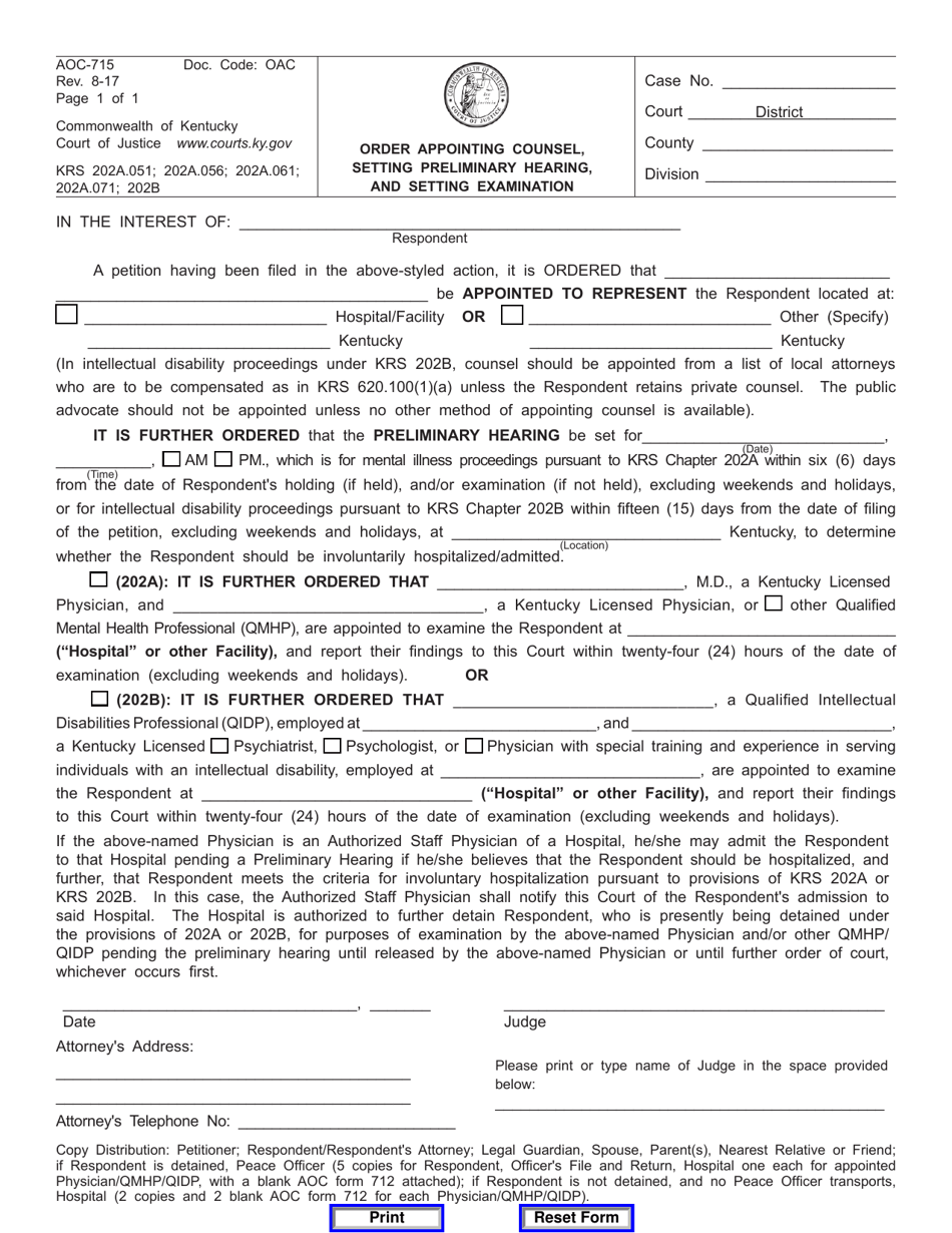Form AOC-715 Order Appointing Counsel, Setting Preliminary Hearing, and Setting Examination - Kentucky, Page 1