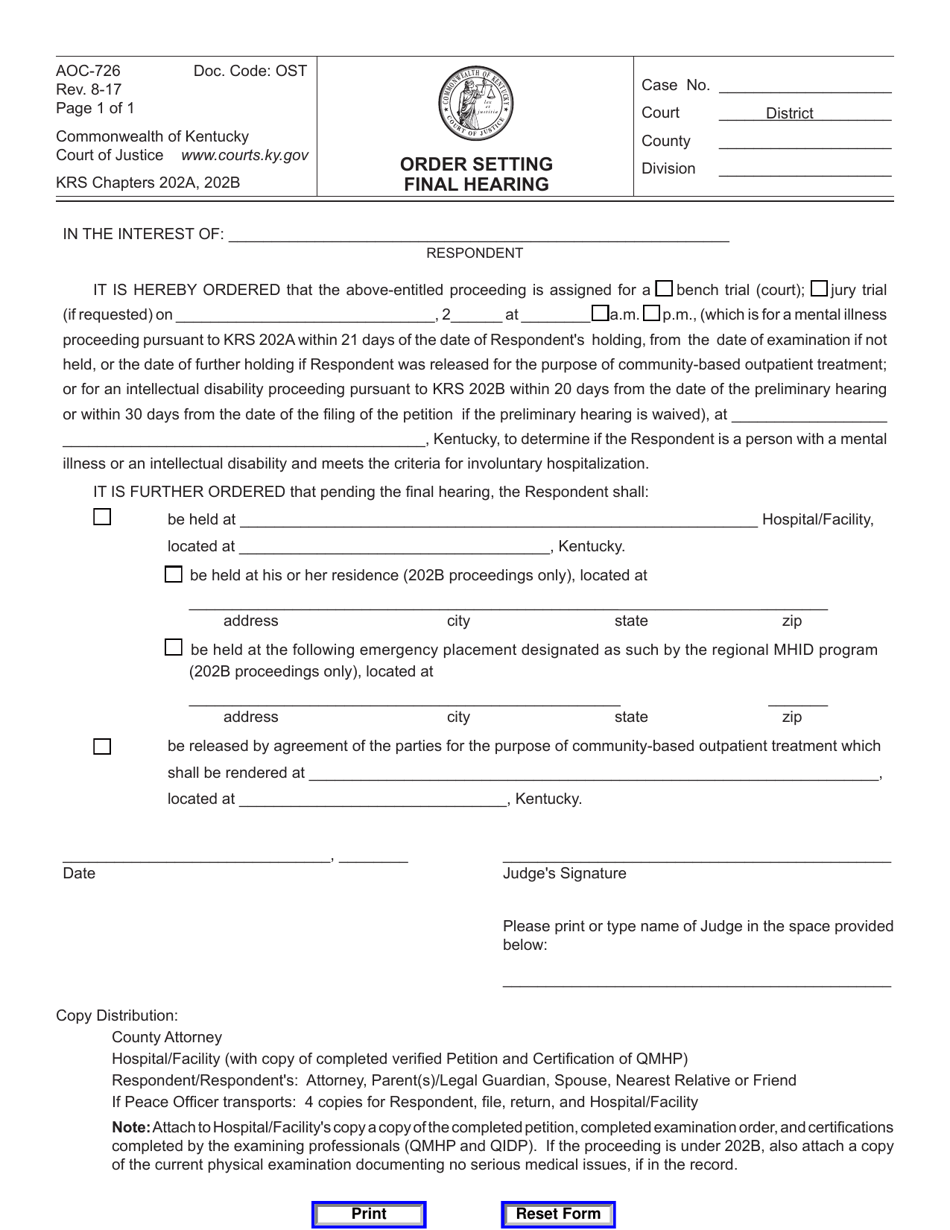 Form AOC-726 Order Setting Final Hearing - Kentucky, Page 1