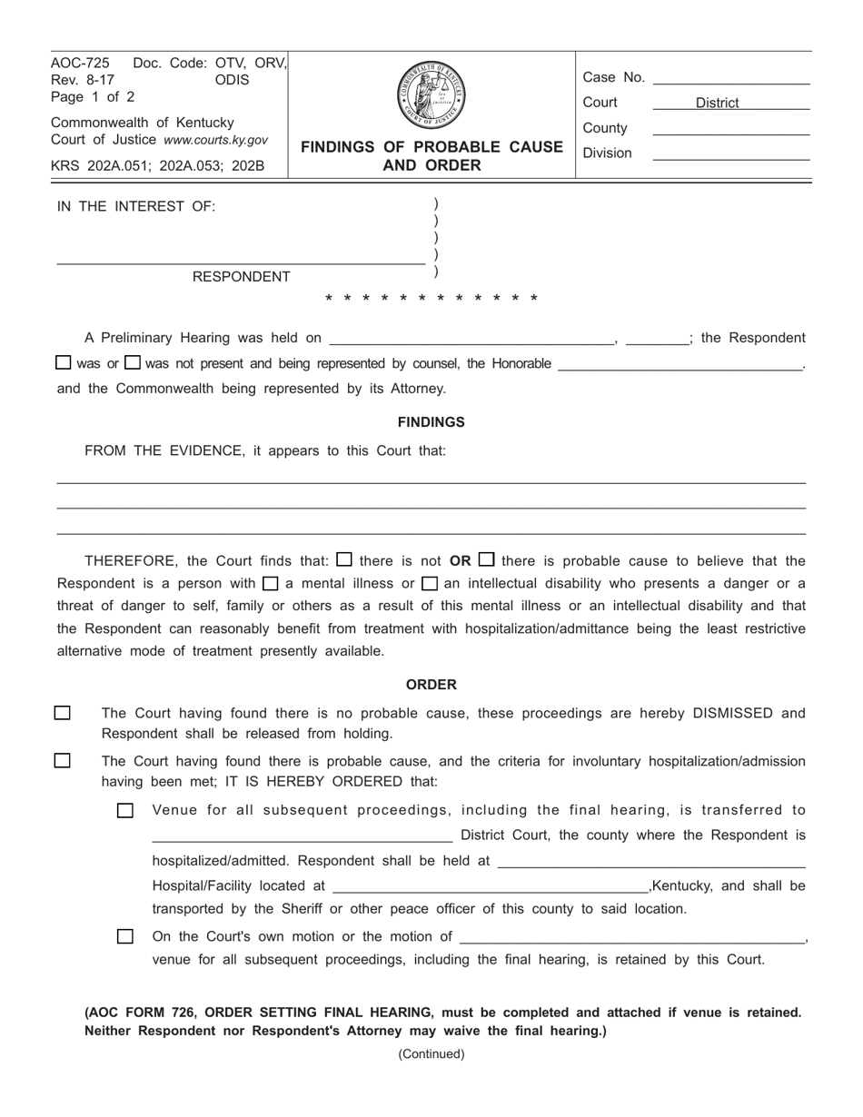 Form AOC-725 Findings of Probable Cause and Order - Kentucky, Page 1