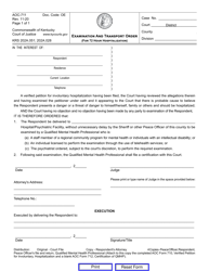 Document preview: Form AOC-711 Examination and Transport Order (For 72 Hour Hospitalization) - Kentucky
