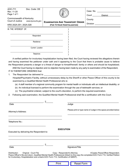 Form AOC-711 Examination and Transport Order (For 72 Hour Hospitalization) - Kentucky