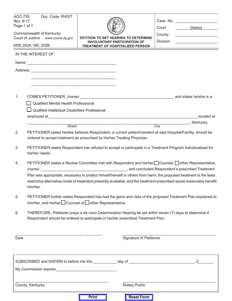Form AOC-735 Petition to Set Hearing to Determine Involuntary Participation of Treatment of Hospitalized Person - Kentucky, Page 1