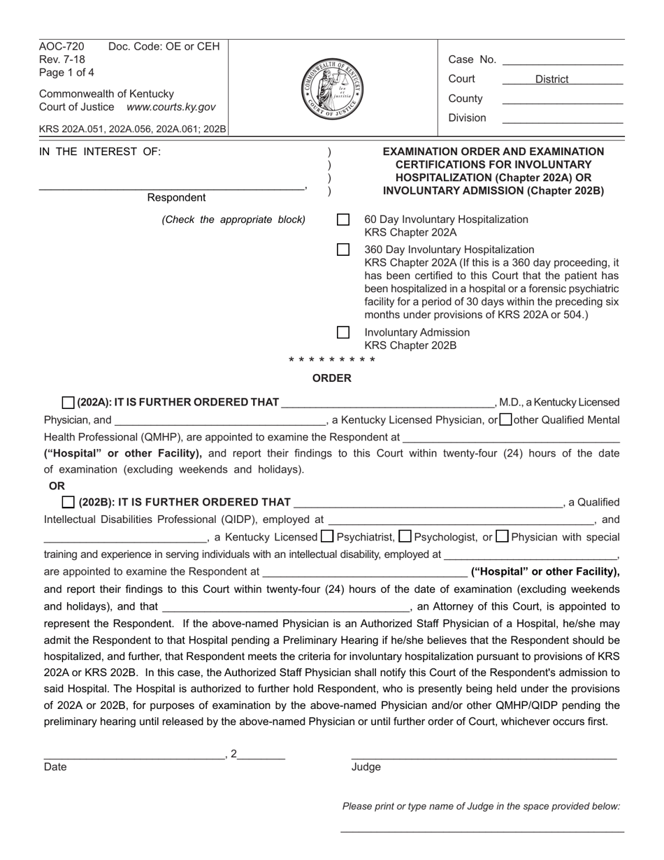 Form AOC-720 Examination Order and Examination Certifications for Involuntary Hospitalization (Chapter 202a) or Involuntary Admission (Chapter 202b) - Kentucky, Page 1