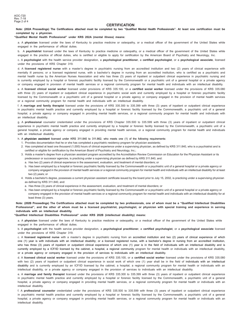 Form AOC-720 Examination Order and Examination Certifications for Involuntary Hospitalization (Chapter 202a) or Involuntary Admission (Chapter 202b) - Kentucky, Page 2