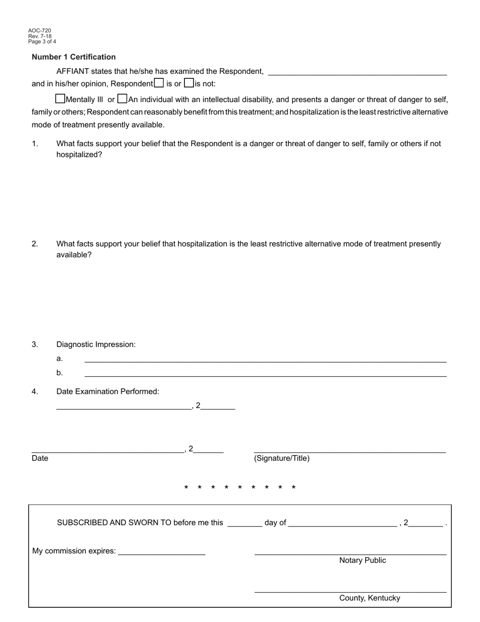 Form AOC-720 Examination Order and Examination Certifications for Involuntary Hospitalization (Chapter 202a) or Involuntary Admission (Chapter 202b) - Kentucky, Page 3