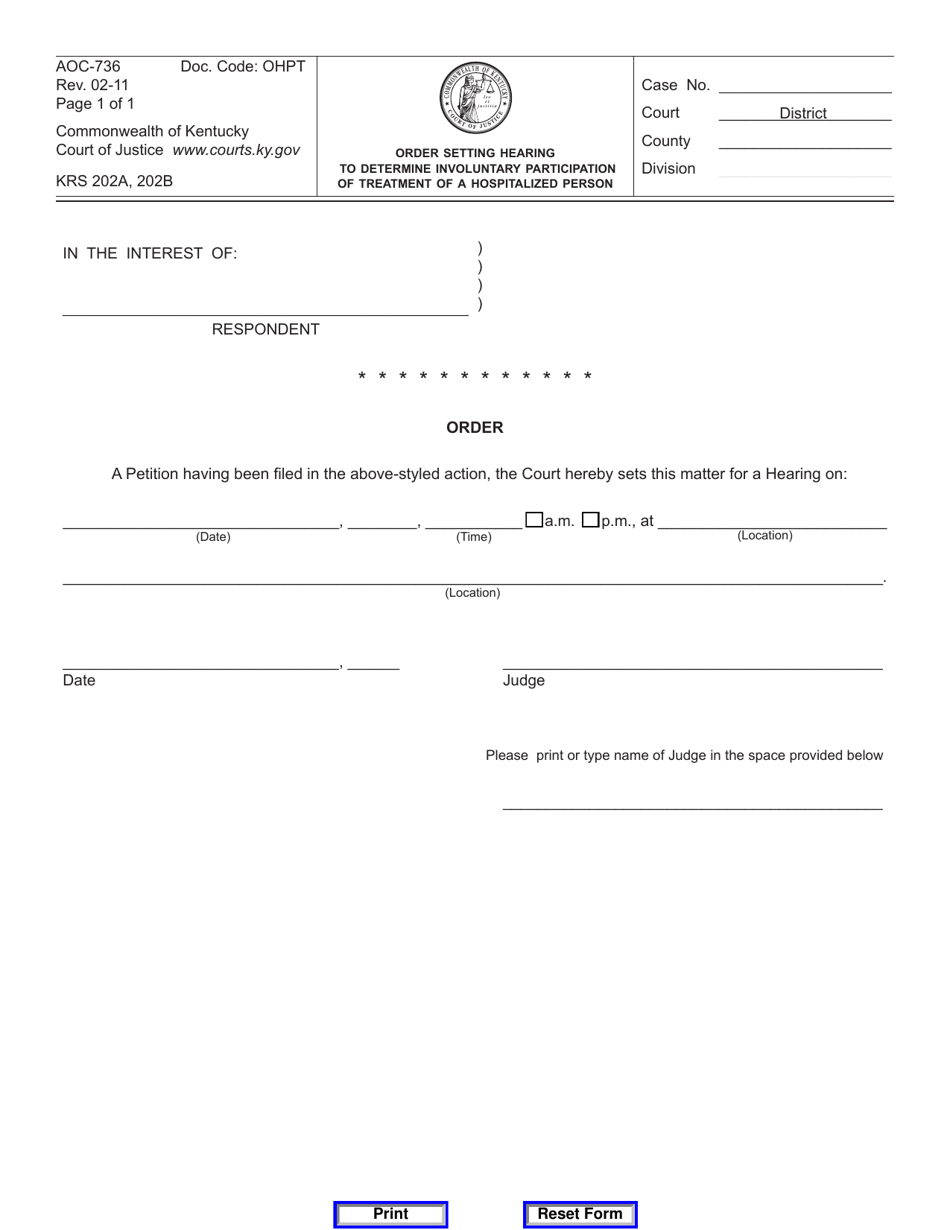 Form AOC-736 Order Setting Hearing to Determine Involuntary Participation of Treatment of a Hospitalized Person - Kentucky, Page 1