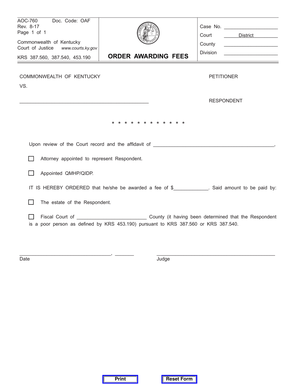 Form AOC-760 Order Awarding Fees - Kentucky, Page 1