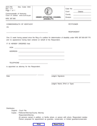 Document preview: Form AOC-755 Order Appointing Counsel (Disability) - Kentucky