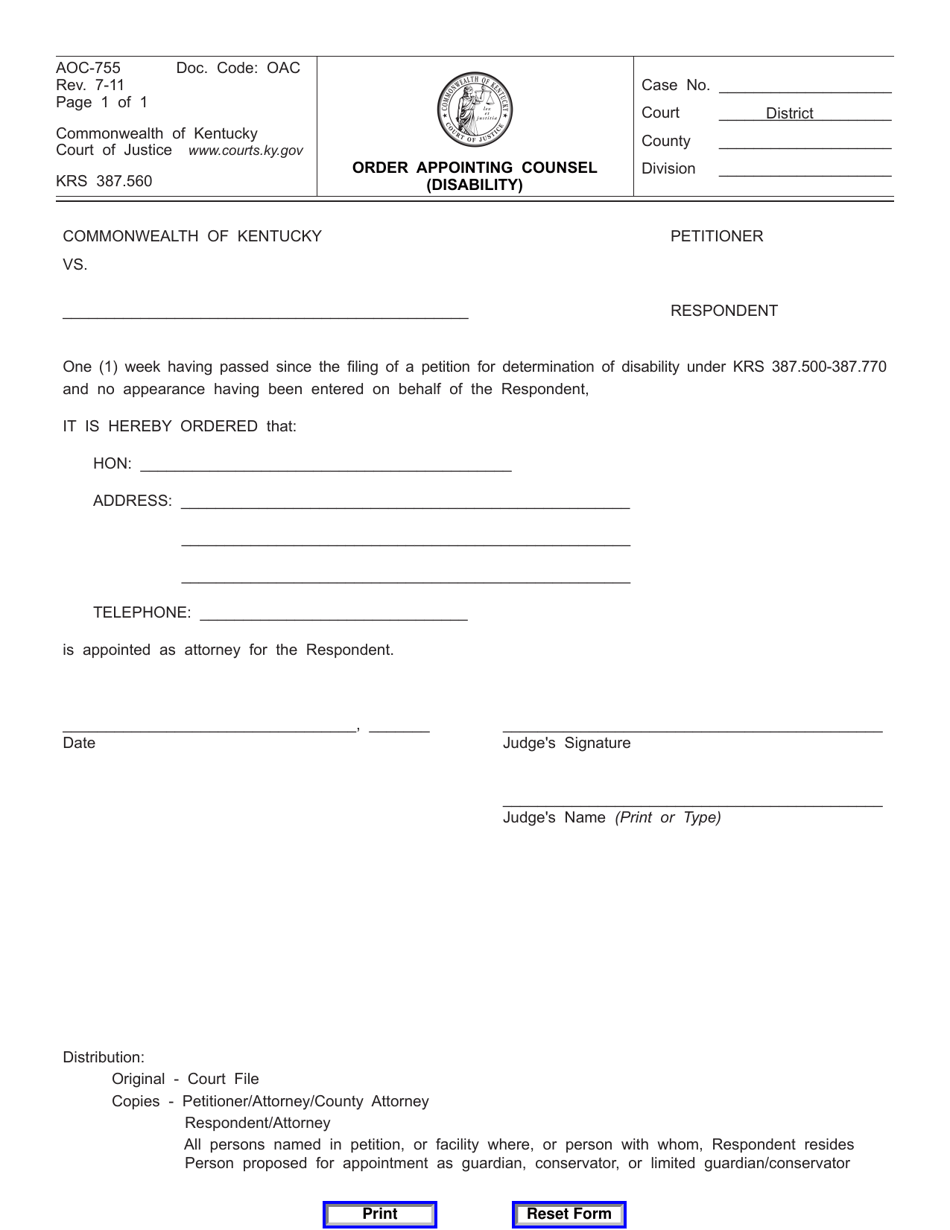 Form AOC-755 Order Appointing Counsel (Disability) - Kentucky, Page 1