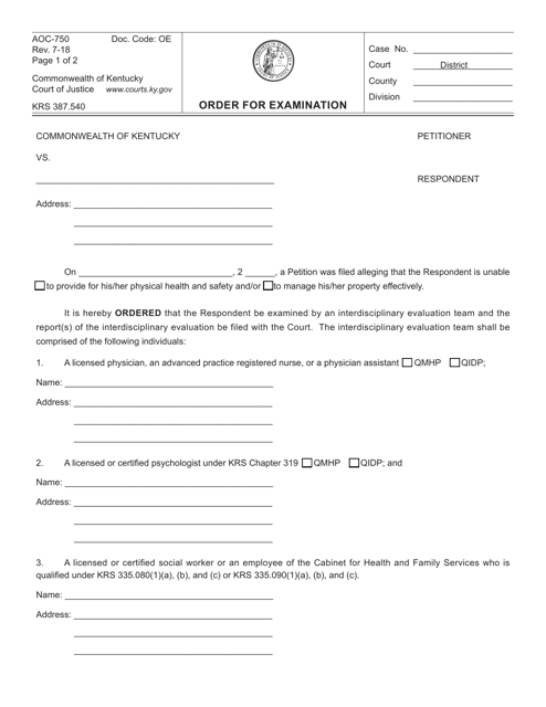 Form AOC-750 Order for Examination - Kentucky