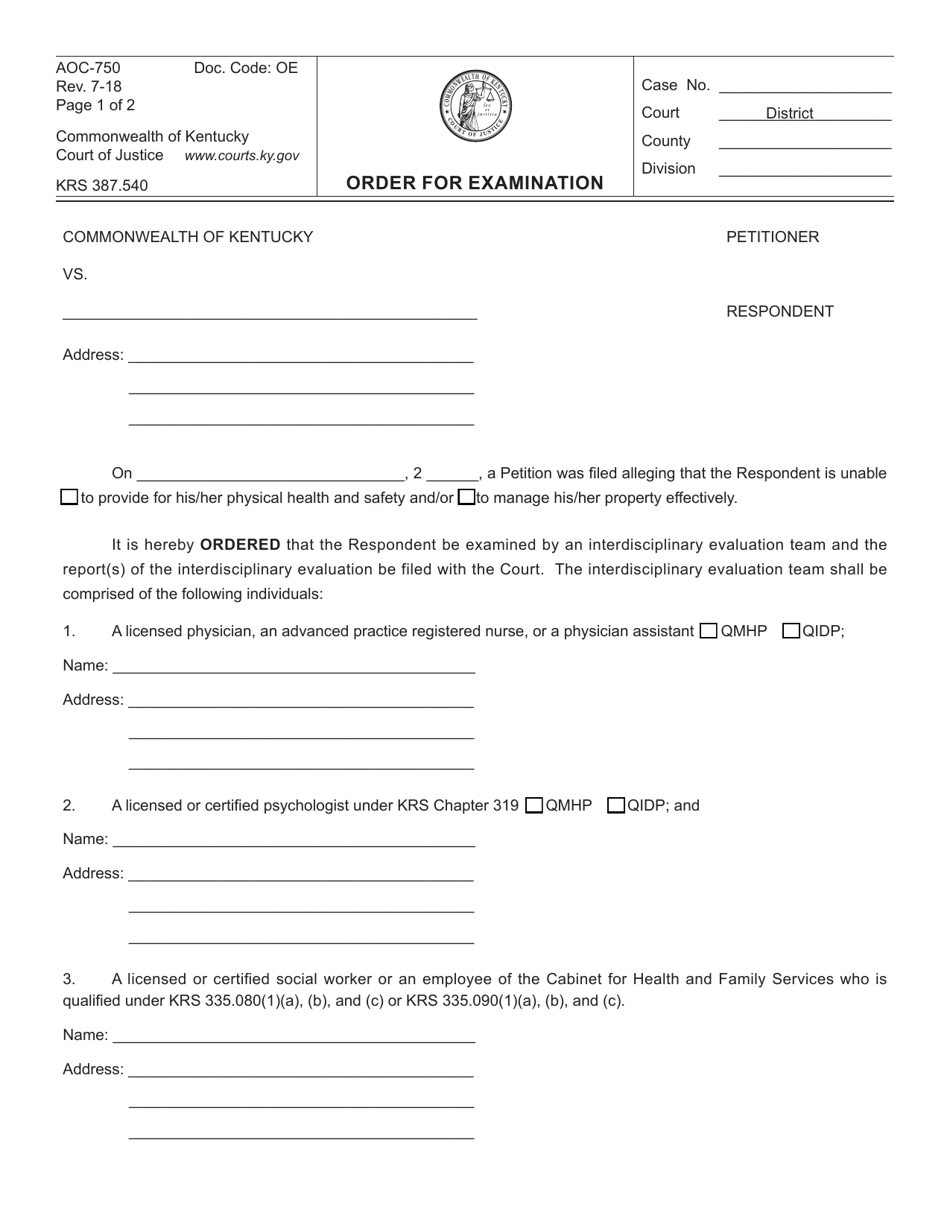 Form AOC-750 Order for Examination - Kentucky, Page 1