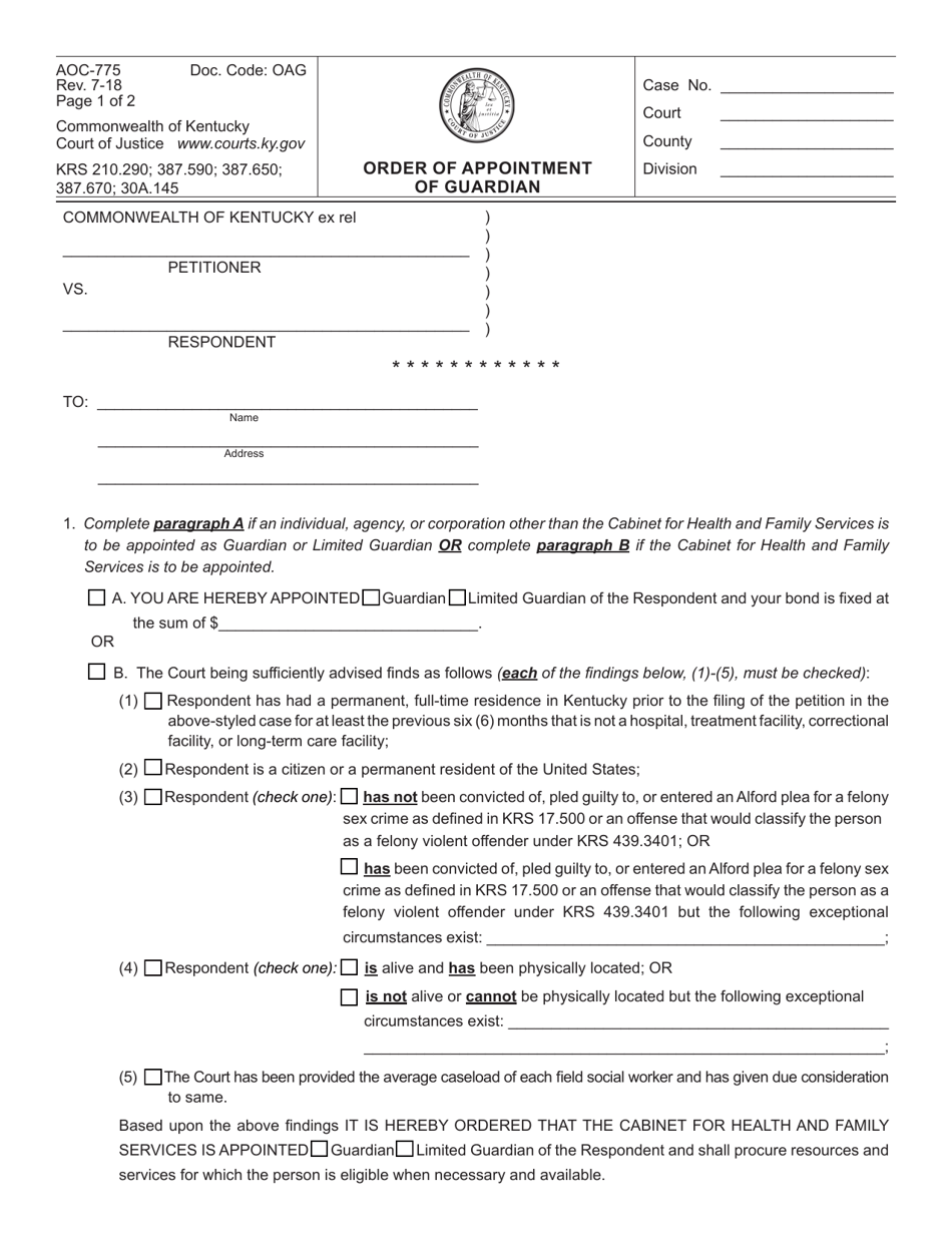 Form AOC-775 Order of Appointment of Guardian - Kentucky, Page 1