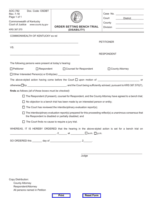 Form AOC-782 Order Setting Bench Trial (Disability) - Kentucky