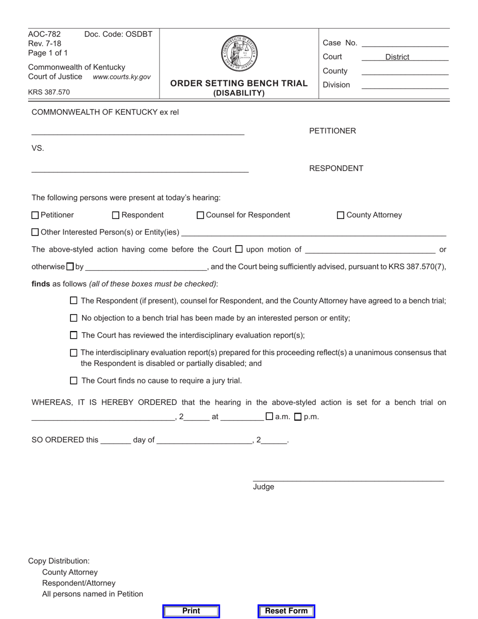 Form AOC-782 Order Setting Bench Trial (Disability) - Kentucky, Page 1