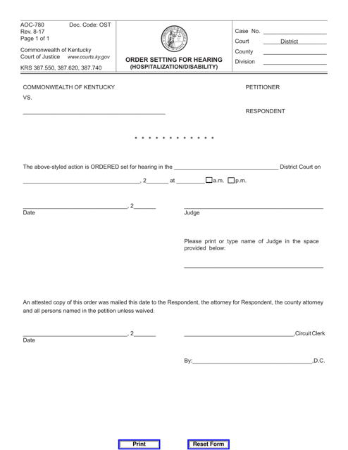 Form AOC-780 Order Setting for Hearing (Hospitalization/Disability) - Kentucky