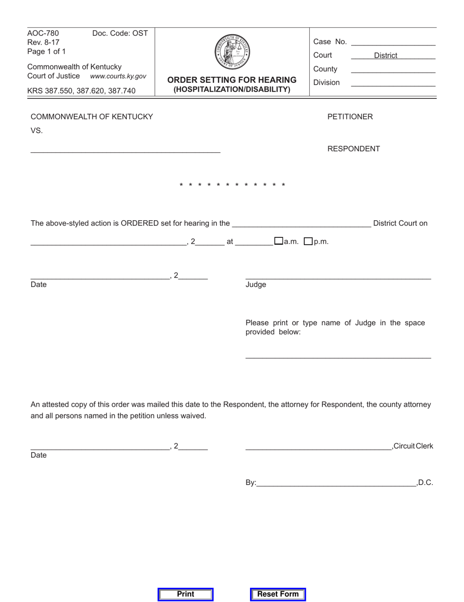 Form AOC-780 Order Setting for Hearing (Hospitalization / Disability) - Kentucky, Page 1