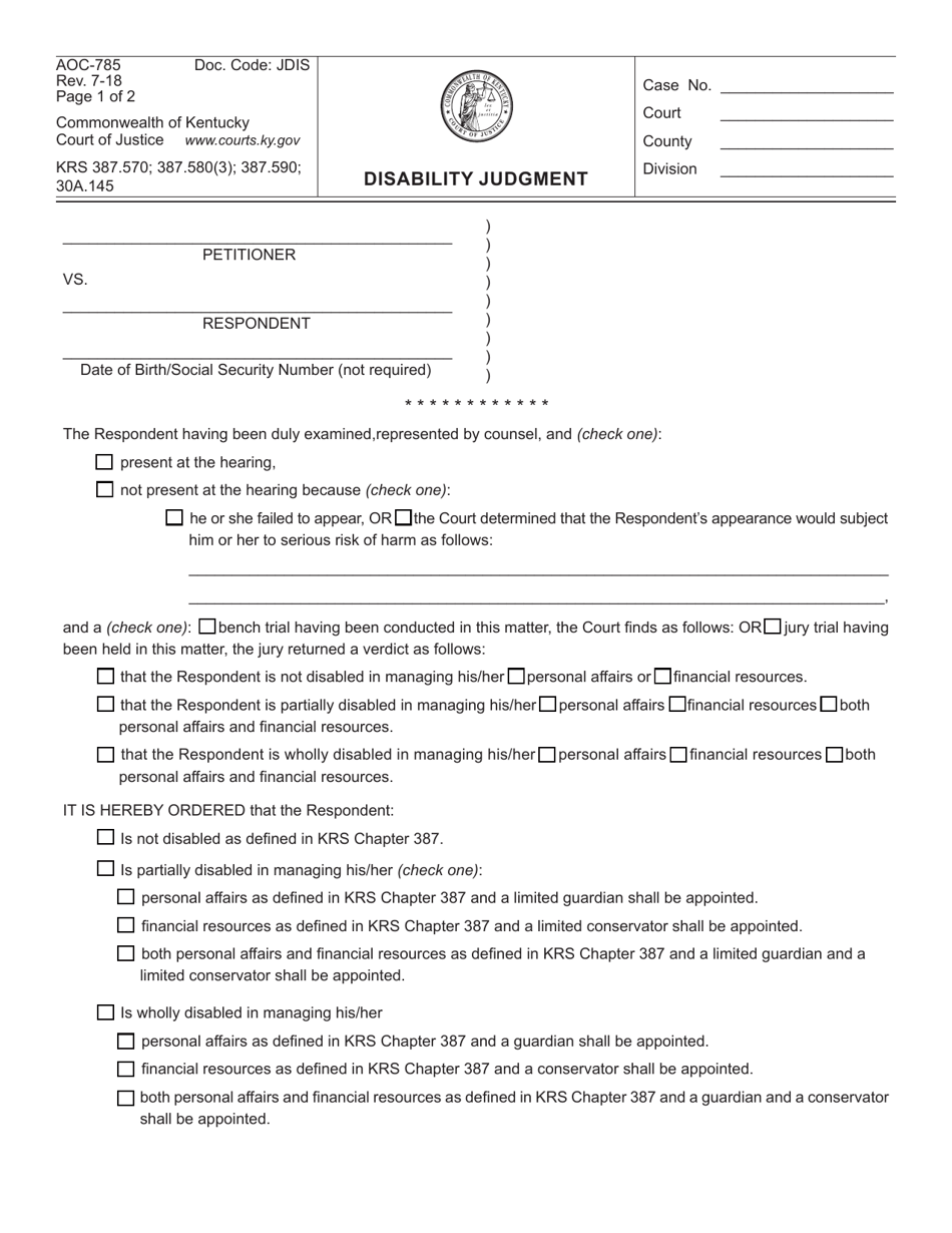 Form AOC-785 Disability Judgment - Kentucky, Page 1
