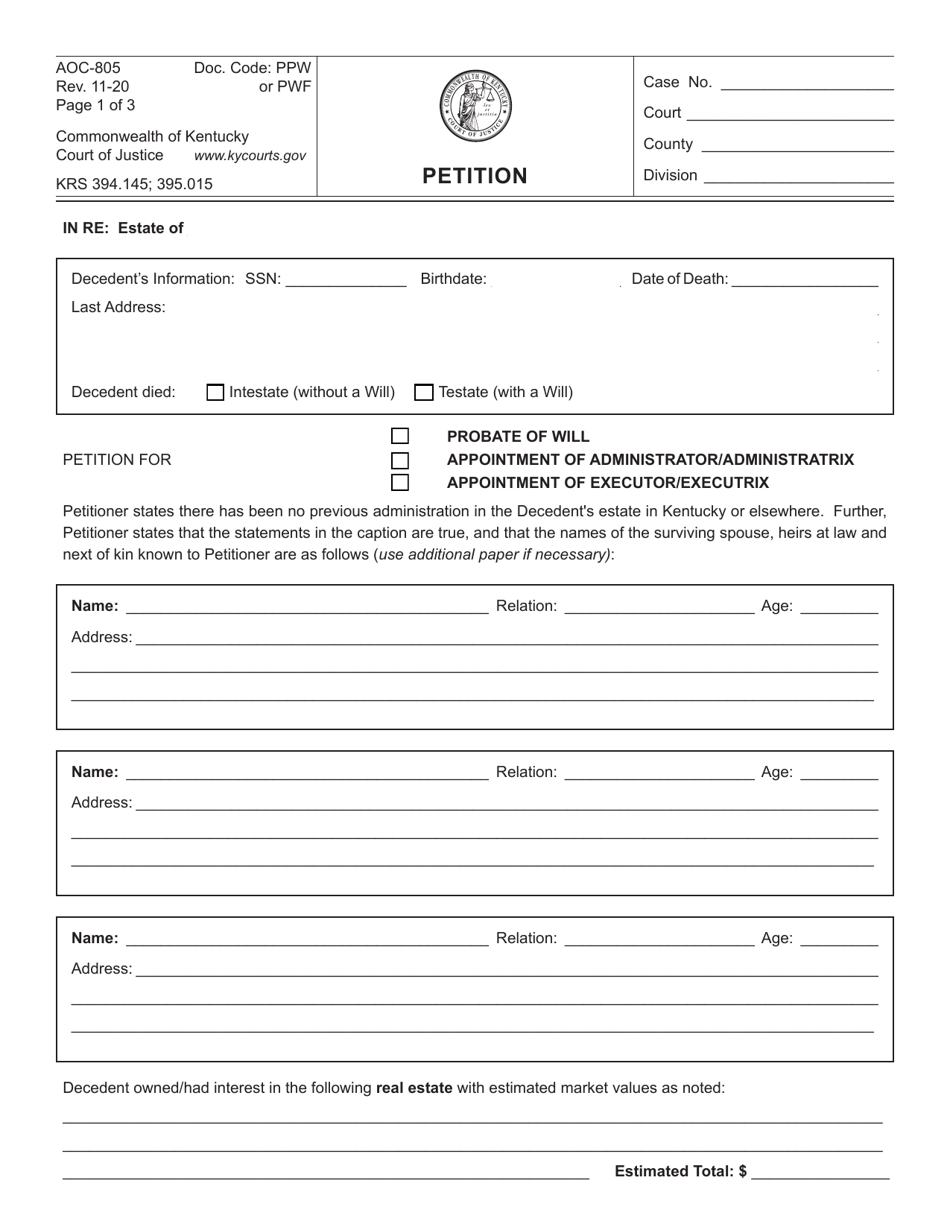 Form AOC-805 Petition - Kentucky, Page 1