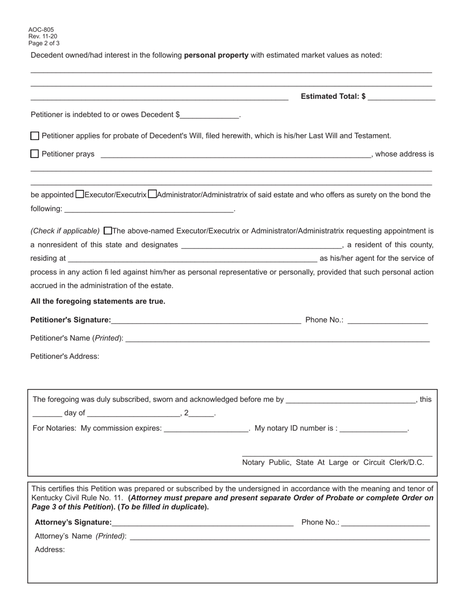 Form AOC-805 Petition - Kentucky, Page 2