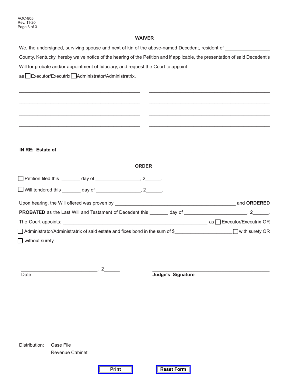 Form AOC-805 Download Fillable PDF or Fill Online Petition, Kentucky ...