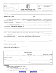 Document preview: Form AOC-806 Order Probating Will and Appointing Executor/Executrix - Kentucky