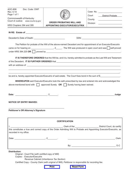 Form AOC-806 Order Probating Will and Appointing Executor/Executrix - Kentucky