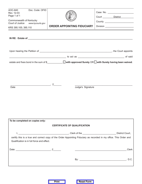 Form AOC-840 Order Appointing Fiduciary - Kentucky