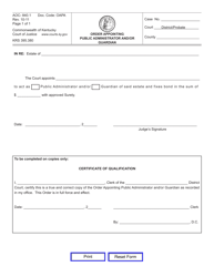 Document preview: Form AOC-840.1 Order Appointing Public Administrator and/or Guardian - Kentucky