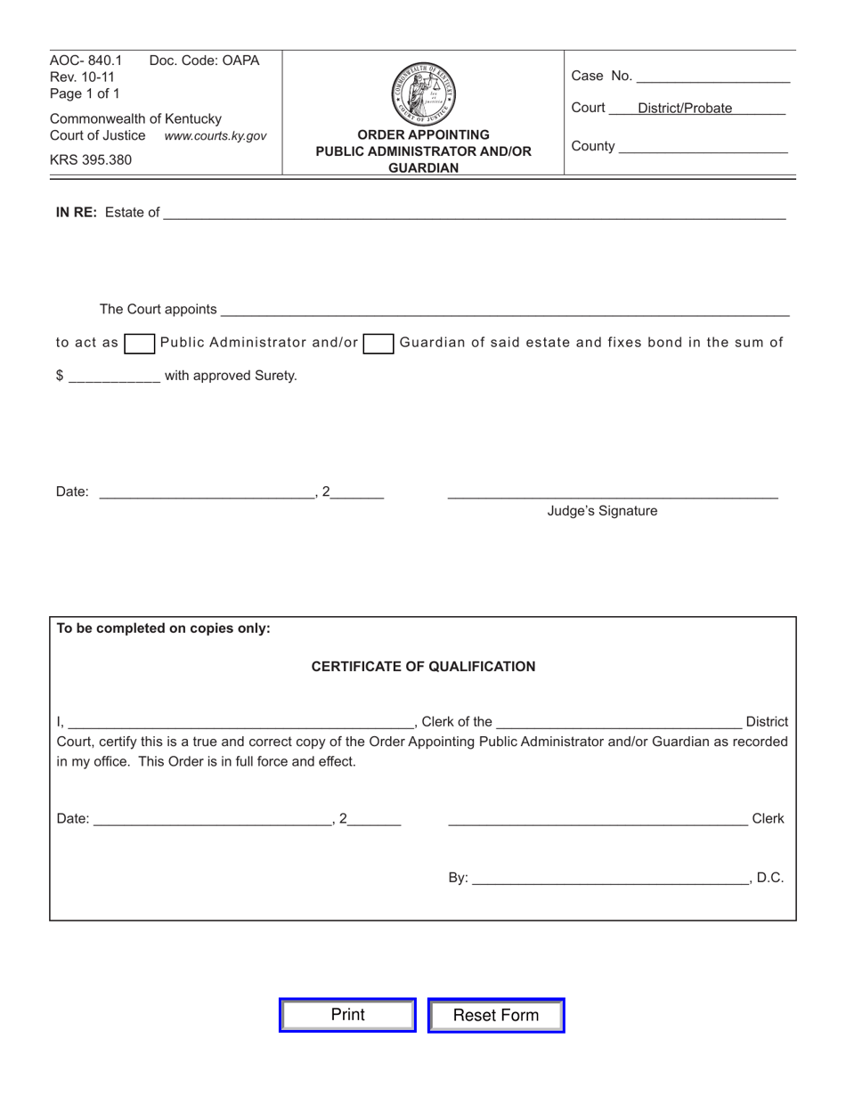 Form AOC-840.1 Order Appointing Public Administrator and / or Guardian - Kentucky, Page 1