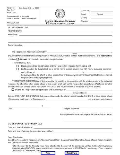 Form AOC-713 Order Granting/Denying 72 Hour Hospitalization - Kentucky