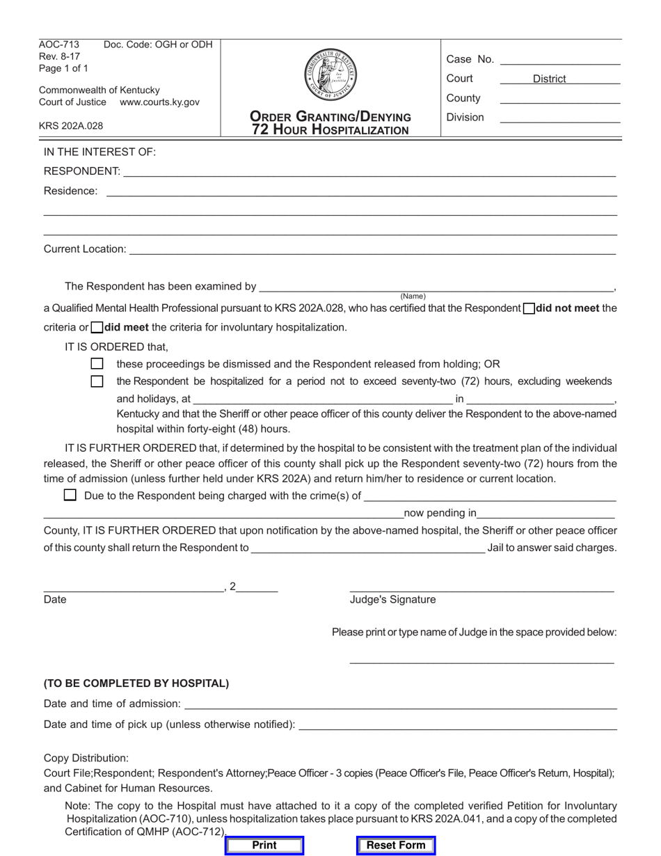 Form AOC-713 Order Granting / Denying 72 Hour Hospitalization - Kentucky, Page 1