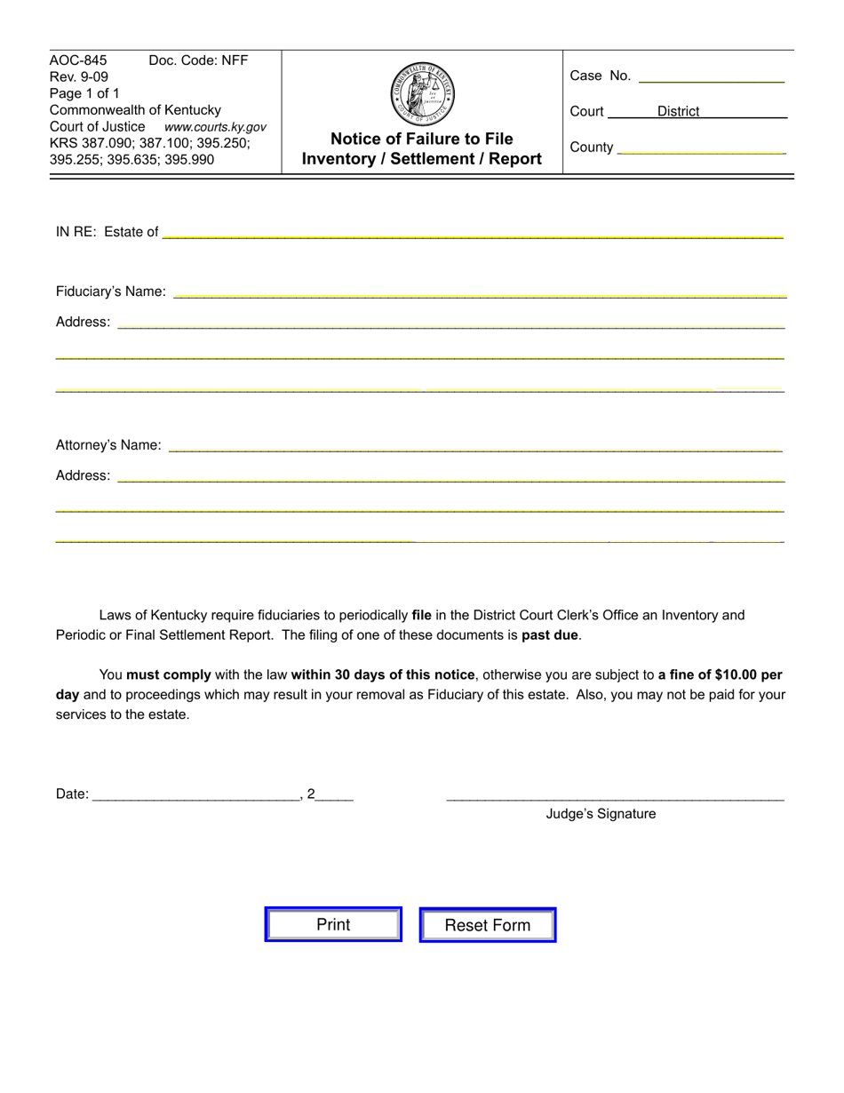 Form AOC-845 Notice of Failure to File Inventory / Settlement / Report - Kentucky, Page 1