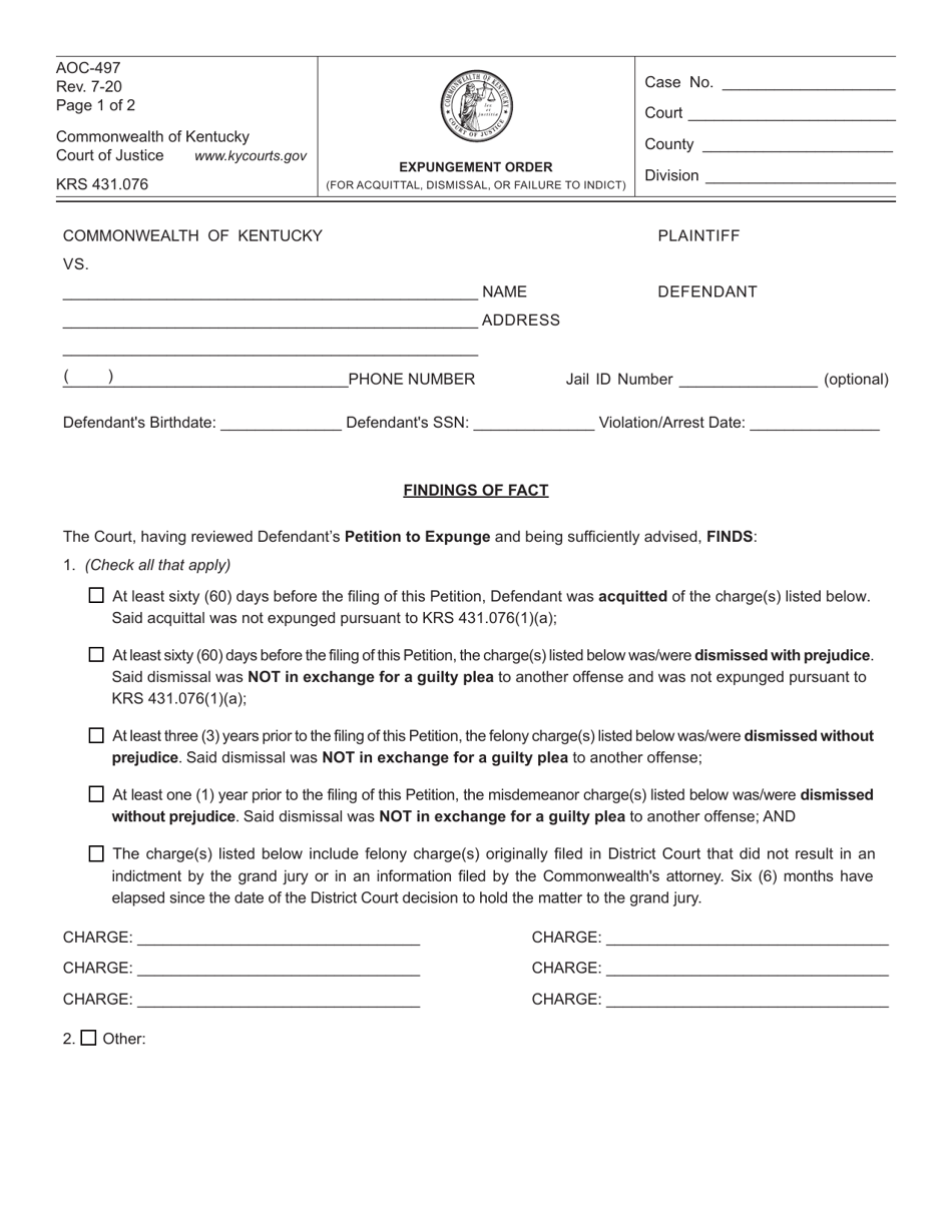 Form AOC-497 Expungement Order (For Acquittal, Dismissal, or Failure to Indict) - Kentucky, Page 1