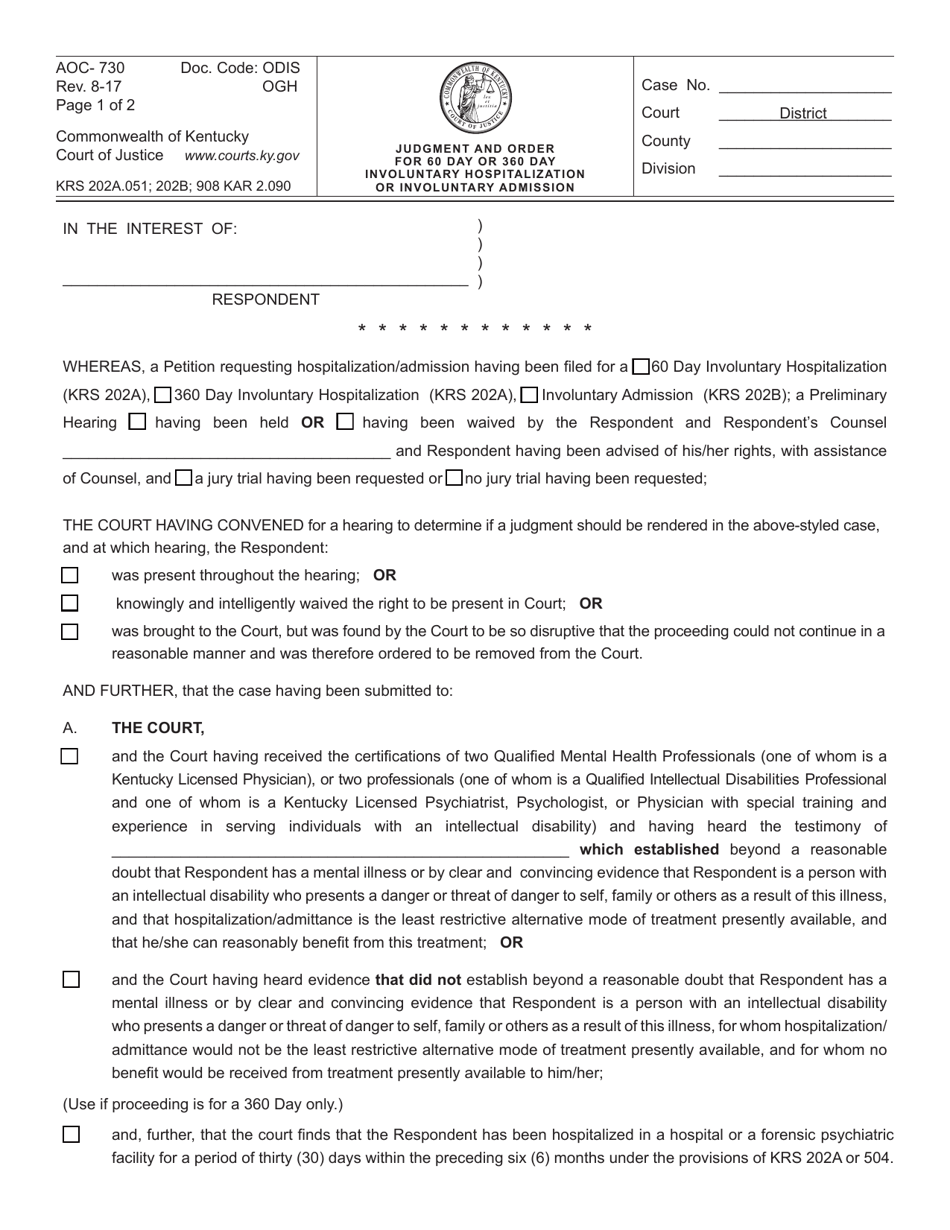Form AOC-730 Judgment and Order for 60 Day or 360 Day Involuntary Hospitalization or Involuntary Admission - Kentucky, Page 1
