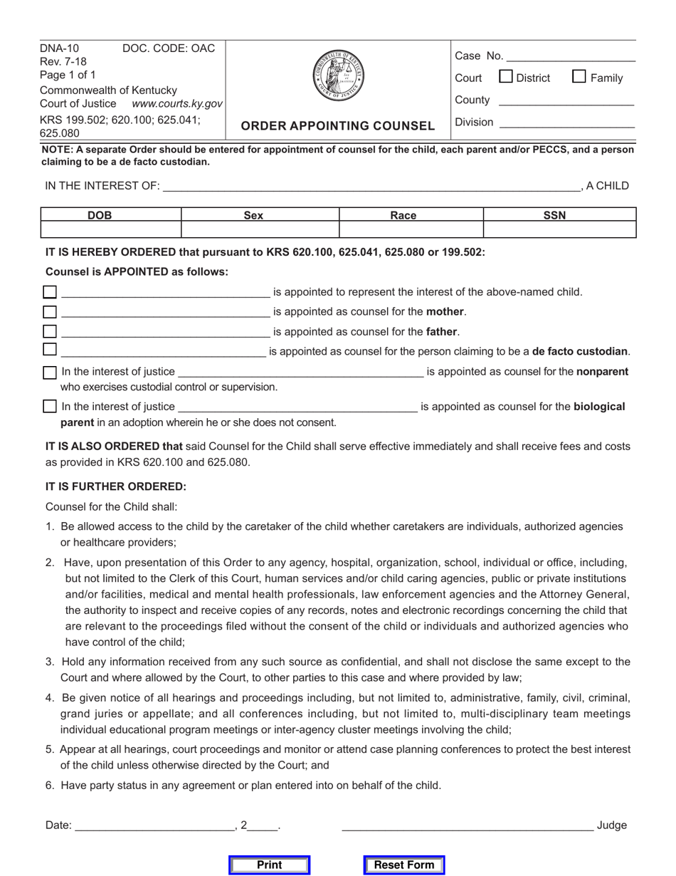 Form DNA-10 Order Appointing Counsel - Kentucky, Page 1