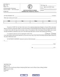 Document preview: Form AOC-DNA-15 Certification of Order Terminating Parental Rights - Kentucky