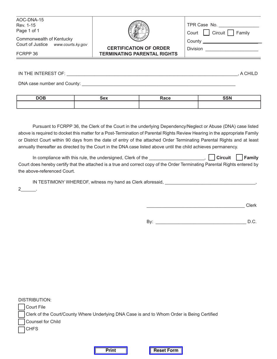 Form AOC-DNA-15 Certification of Order Terminating Parental Rights - Kentucky, Page 1