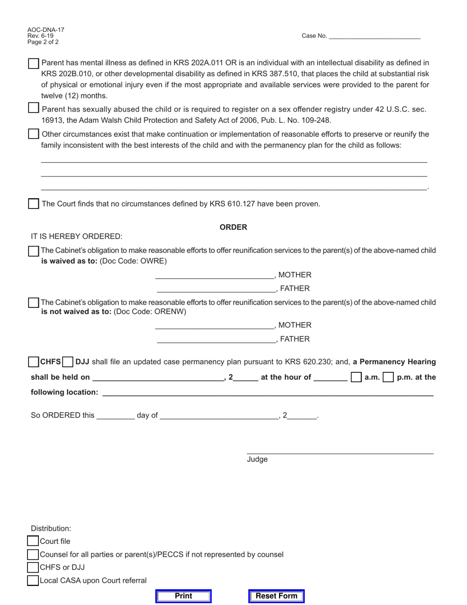 Form AOC-DNA-17 Order / Granting / Denying Waiver of Reasonable Efforts Pursuant to Krs 610.127 - Kentucky, Page 2