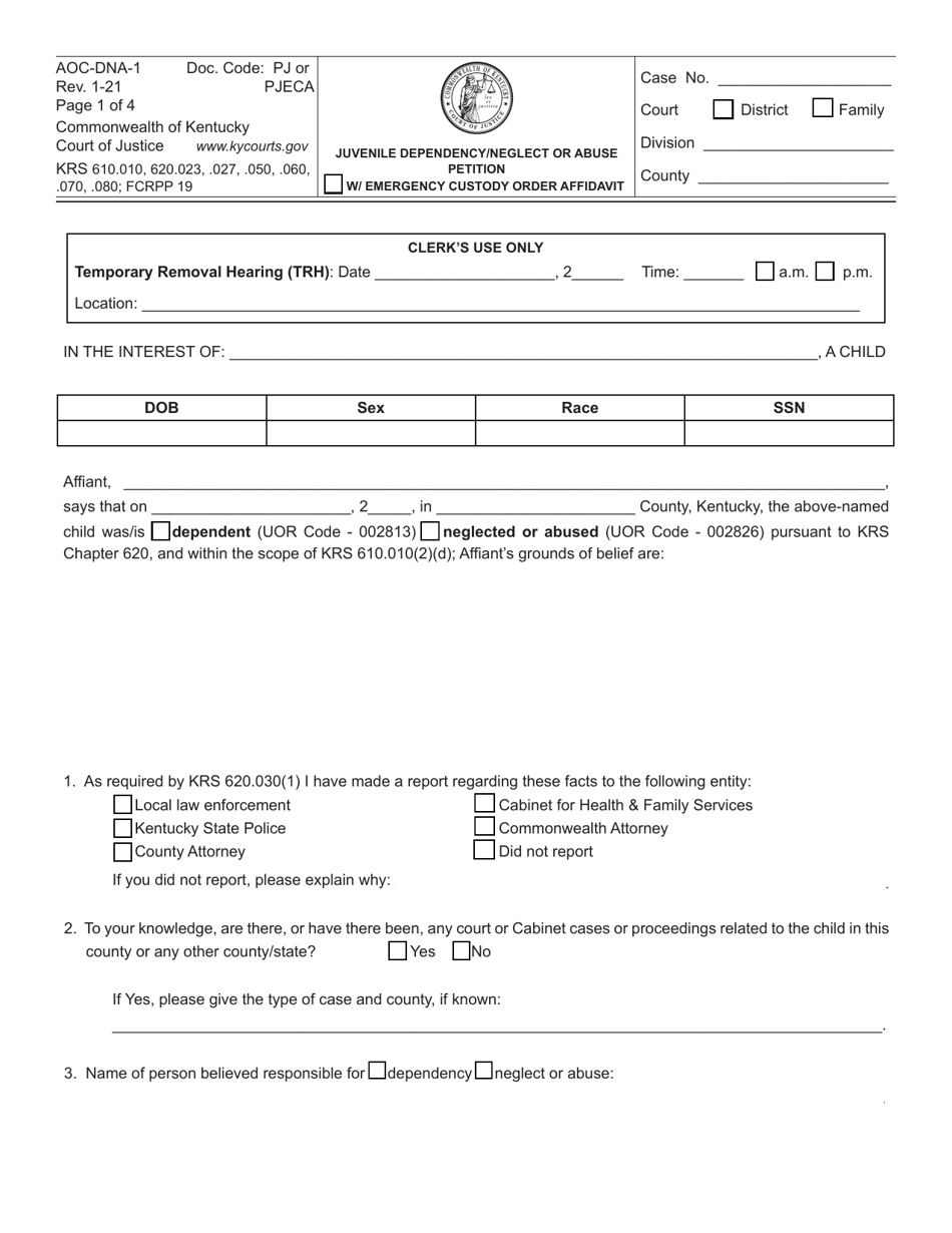 Form AOC-DNA-1 Juvenile Dependency / Neglect or Abuse Petition - Kentucky, Page 1