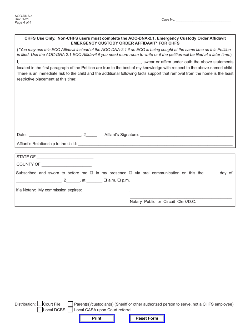 Form AOC-DNA-1 Juvenile Dependency / Neglect or Abuse Petition - Kentucky, Page 4
